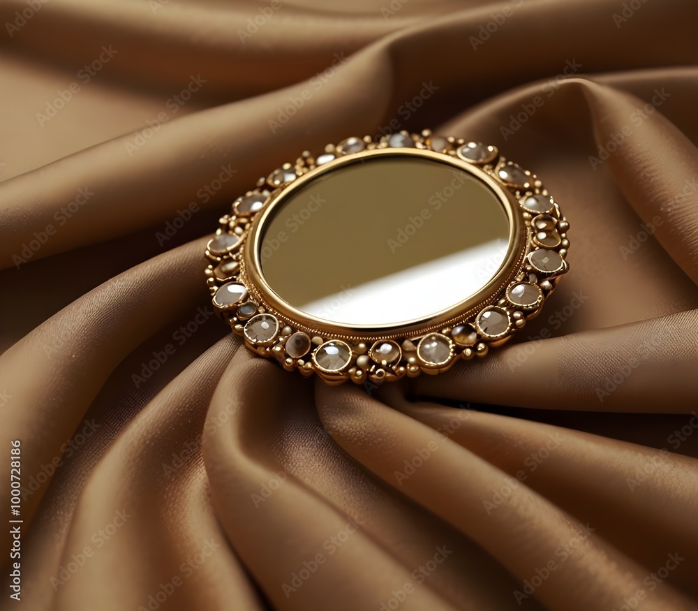 Stylish golden bijouterie and mirror on light brown fabric, closeup      ai gegerate  