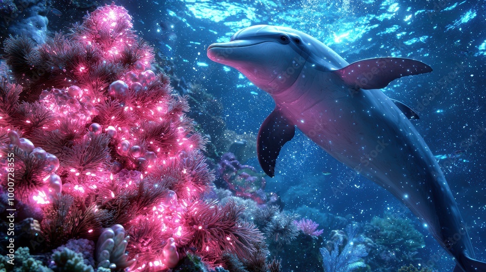 Fototapeta premium Vibrant underwater scene with dolphin and coral