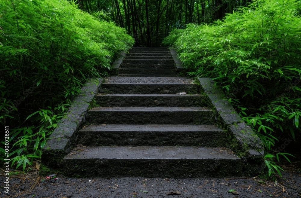Lush green forest path with stone steps leading upwards Lush green forest path with stone steps leading upwards