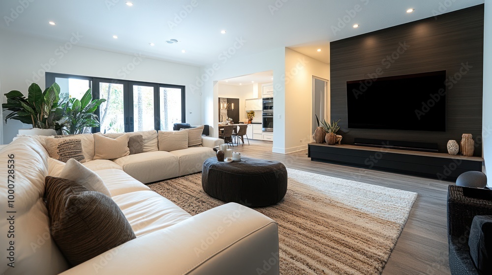 Fototapeta premium Modern living room with a sectional sofa, coffee table, and minimalist decor.