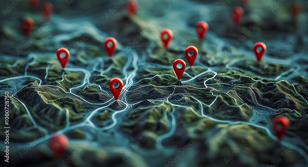 Multiple red location markers on a detailed topographic map Multiple red location markers on a detailed topographic map
