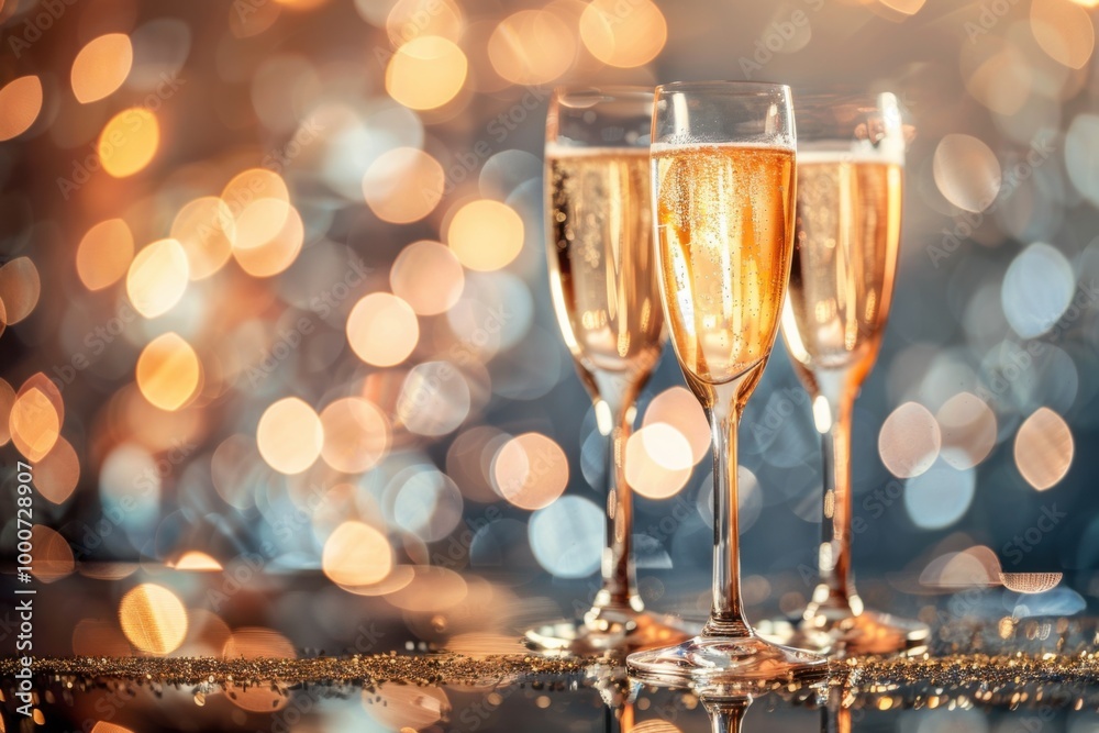 Two Champagne Glasses with Golden Bokeh Lights in Background, Festive and Elegant Celebration

