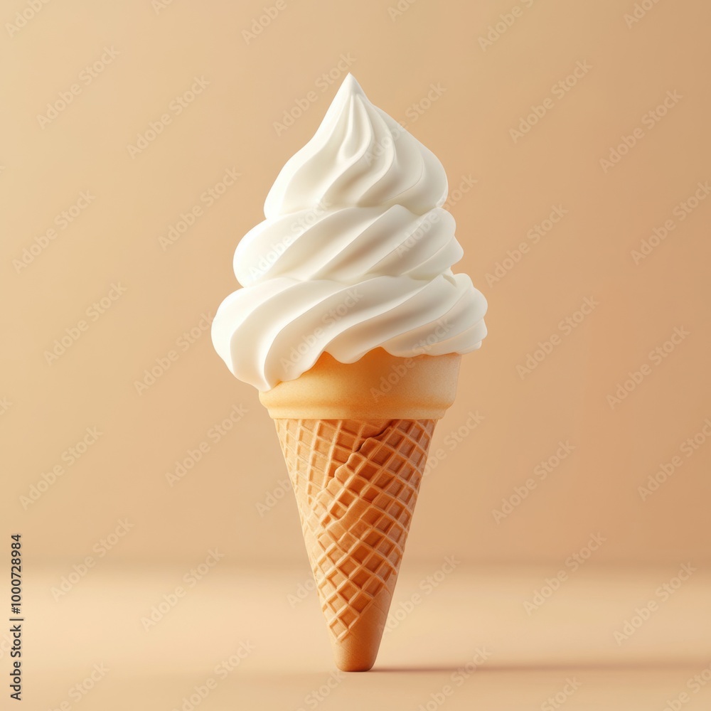 A soft-serve ice cream cone stands against a beige background, showcasing its creamy texture and inviting swirl on a waffle cone.