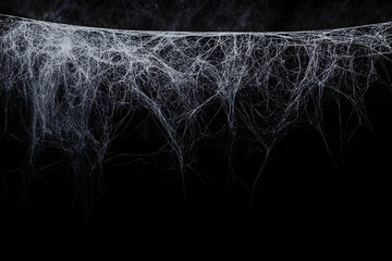 Creepy hanging spider web or cobweb on black, top border. Spooky Halloween or gothic background.