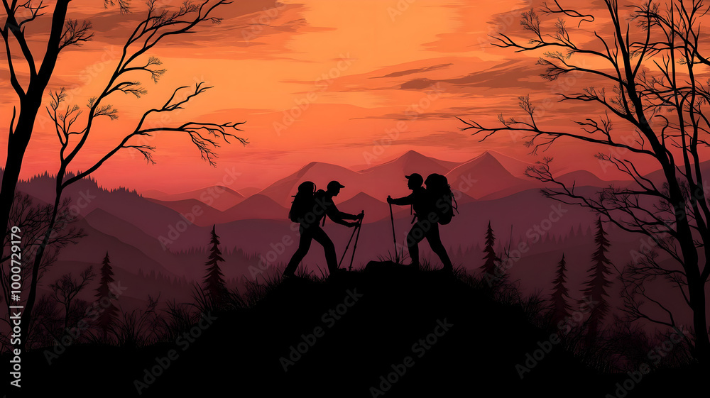 Fototapeta premium A hiker aids a friend in reaching the summit of a mountain, representing the values of teamwork and mutual support.