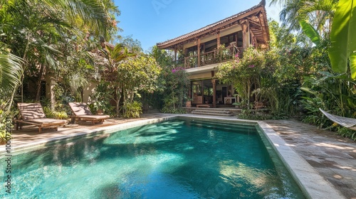 A picturesque Bali-style house with a sparkling pool, nestled in a lush garden full of greenery, palm trees, and tropical flowers.