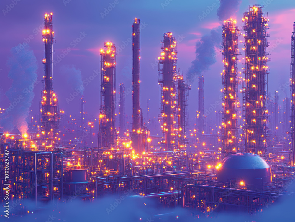 Fototapeta premium Evening picture of the refinery. AI generative.