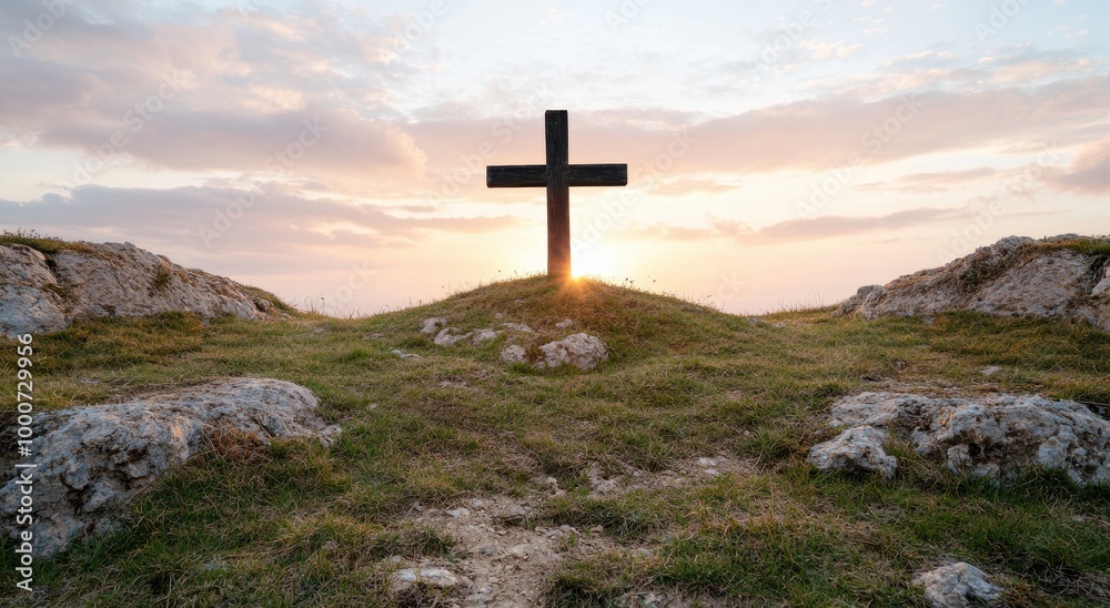 Wooden Cross on Hilltop at Sunset Wooden Cross on Hilltop at Sunset