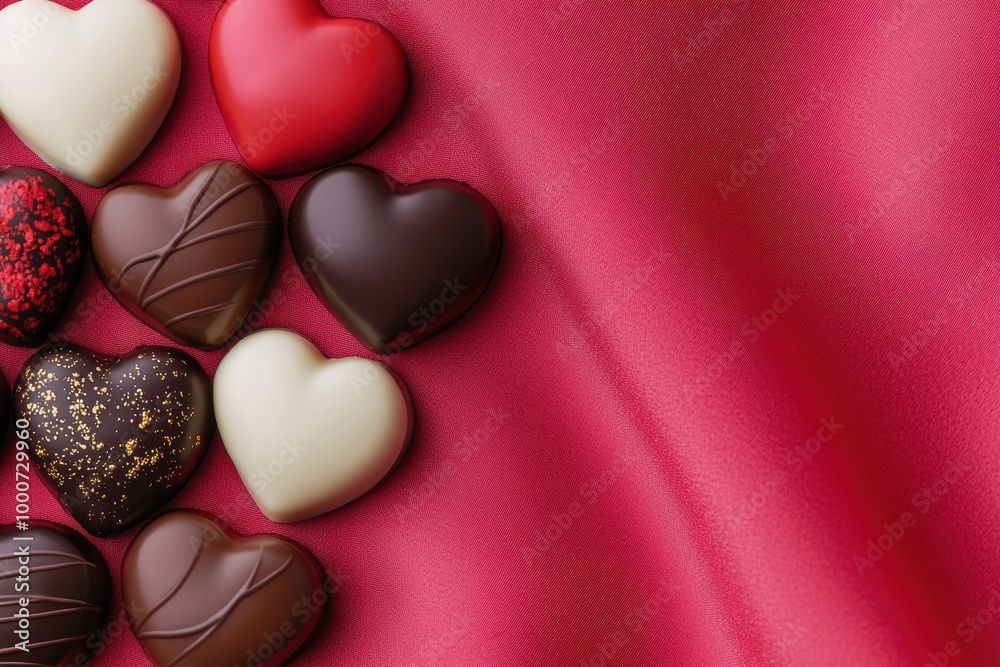 Fototapeta premium Assortment of heart-shaped chocolates on red fabric
