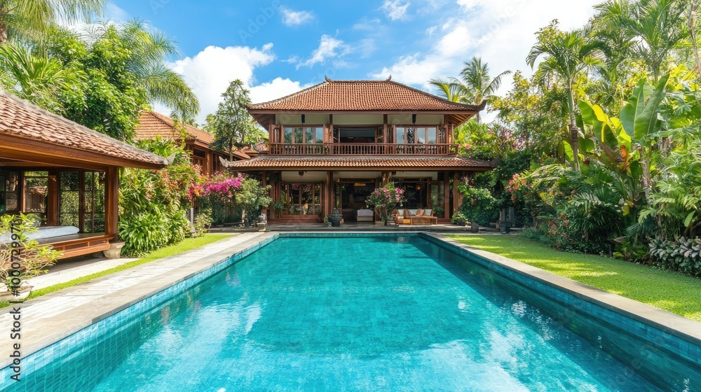 A traditional Bali-style house with a large swimming pool, surrounded by a vibrant tropical garden, full of greenery and tall palm trees. A traditional Bali-style house with a large swimming pool, surrounded by a vibrant tropical garden, full of greenery and tall palm trees.