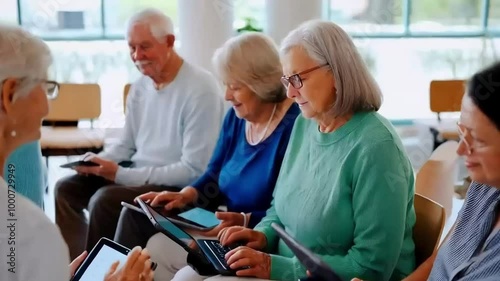 Elderly Group Enjoying Technology in a Classroom Setting