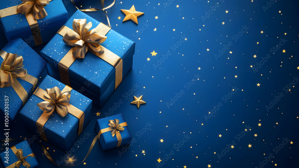 Top view of blue presents with gold bows and ribbons set to the left of a star-filled blue backdrop, offering blank space for text. Top view of blue presents with gold bows and ribbons set to the left of a star-filled blue backdrop, offering blank space for text.