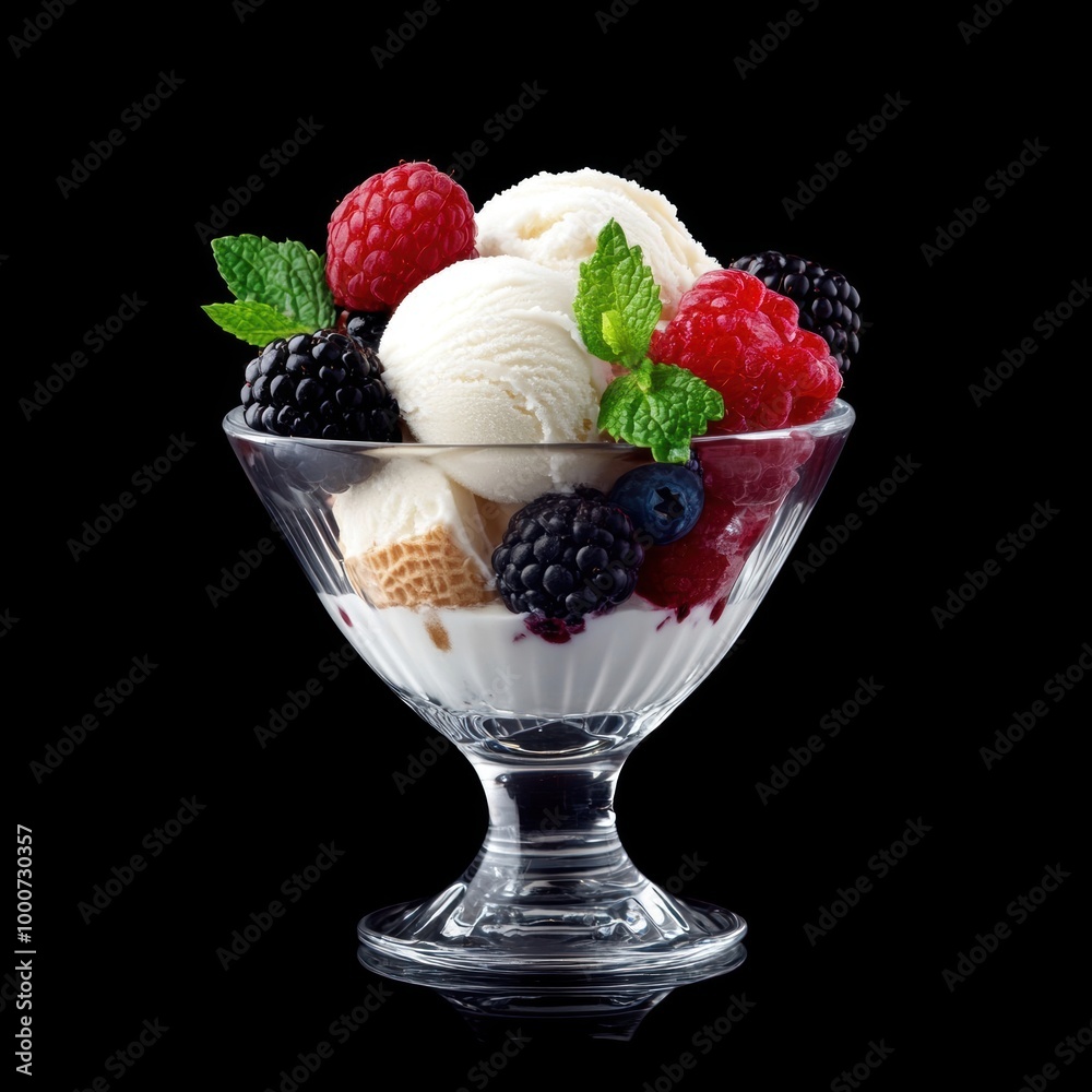 A delicious glass dessert featuring creamy ice cream topped with fresh berries and mint leaves. A delicious glass dessert featuring creamy ice cream topped with fresh berries and mint leaves.