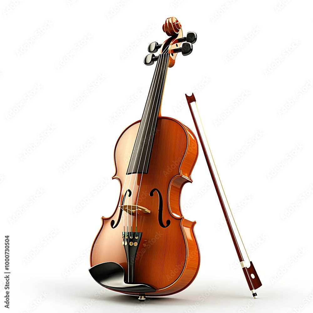 Fototapeta premium A violin, paired with a bow, isolated against a white background, elegant and poised for music.