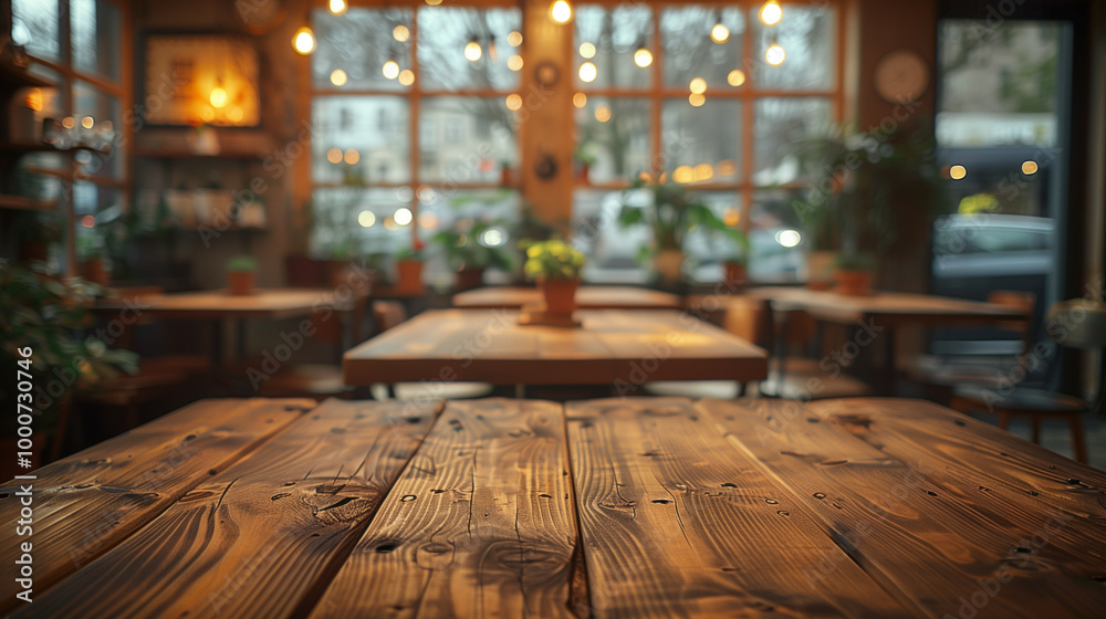 Fototapeta premium Cozy Coffee Shop Interior with Wooden Tables and Plants