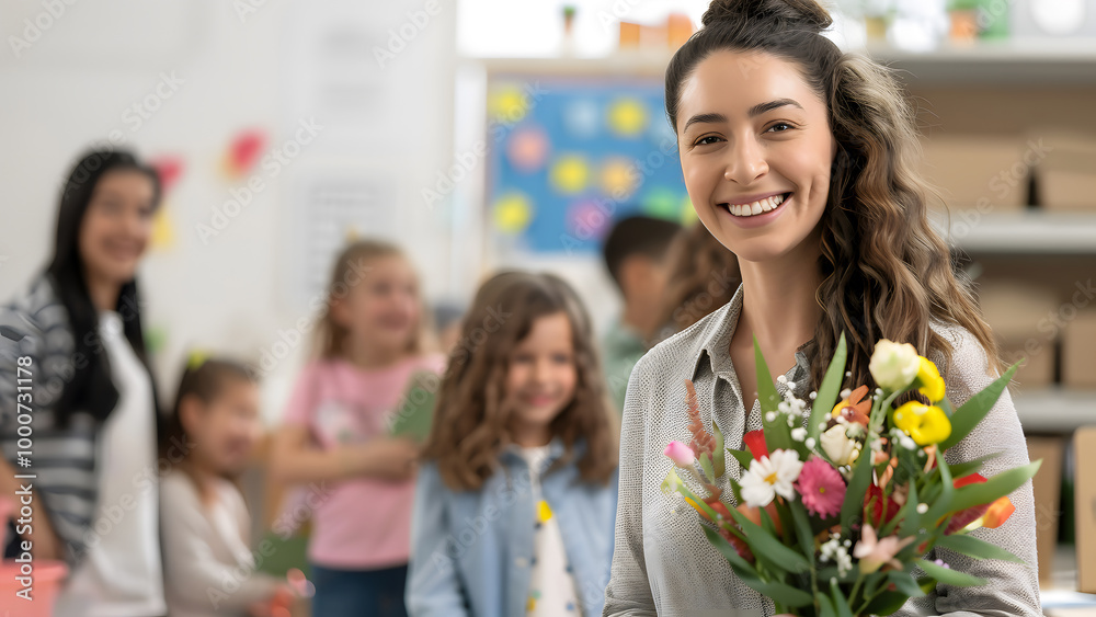 Obraz premium A teacher smiles as she receives a bouquet of flowers from her students on Teacher's Day.