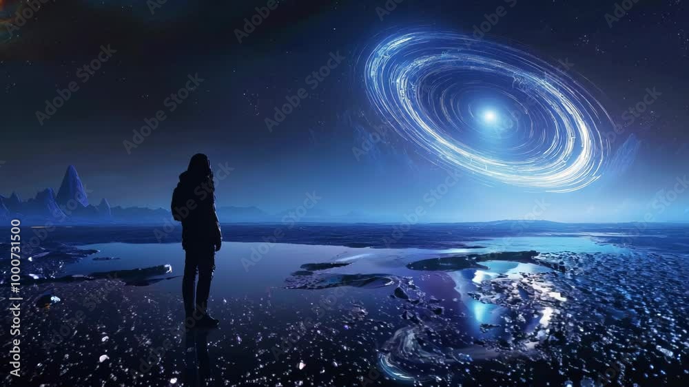 Alien landscape with crystalline desert reflecting swirling binary star system. Silhouetted figure observes cosmic spectacle. Liquid metal pool mirrors celestial patterns. Alien landscape with crystalline desert reflecting swirling binary star system. Silhouetted figure observes cosmic spectacle. Liquid metal pool mirrors celestial patterns.