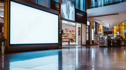 Mockup blank LED Screen billboard in front of entrance of cosmetics store in shopping mall, Empty space to insert multimedia, advertisement, generative ai