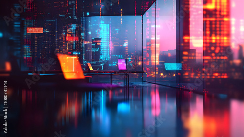 A vibrant neon cyberpunk open office space is blurred with an information technology overlay, facilitating corporate strategies for finance, operations, and marketing, featuring tables lined 