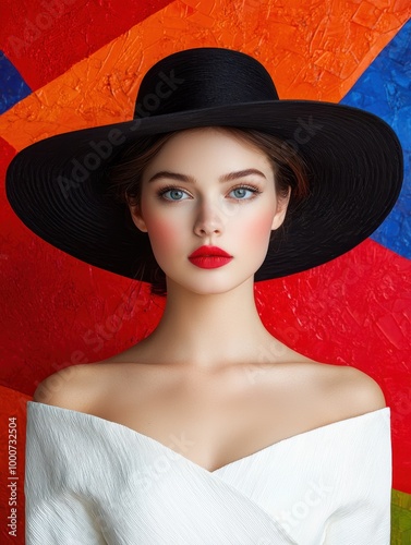 Wallpaper Mural woman in black hat and white dress against colorful background Torontodigital.ca