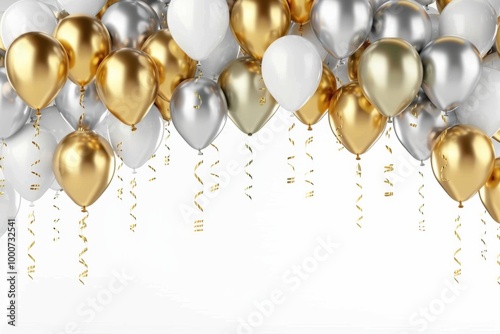 Gold and Silver Balloons with Confetti on Light Background, Glamorous and Festive Celebration