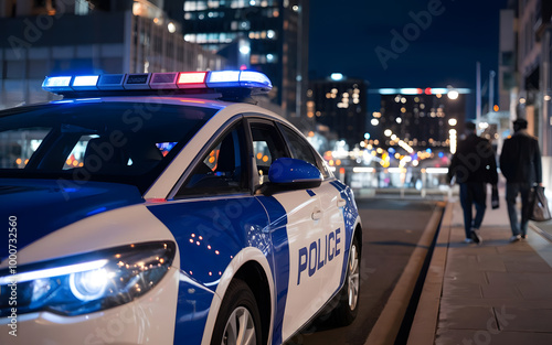 Police car with lights, patrolling in the route for controlling crime. in front view.  photo