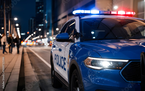 Police car with lights, patrolling in the route for controlling crime. in front view. 