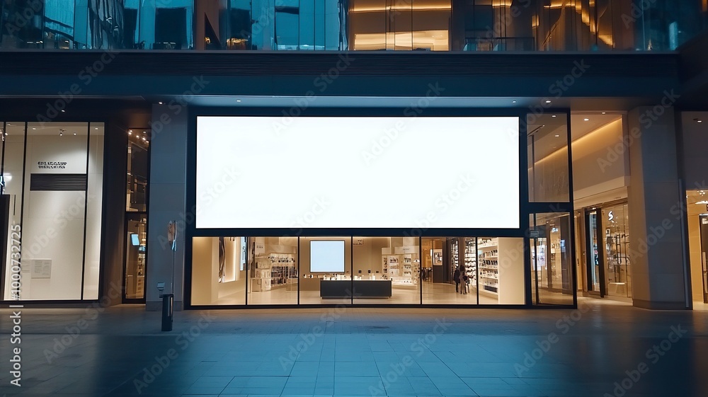 Mockup blank LED Screen billboard in front of entrance of cosmetics store in shopping mall, Empty space to insert multimedia, advertisement, generative ai