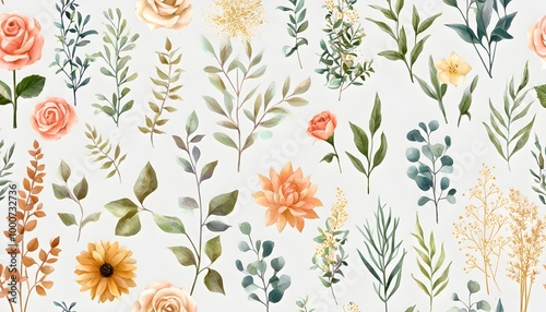 vibrant floral background featuring roses, chrysanthemums, daffodils, appliques, cutouts, and seamless patterns of flowers and herbs photo