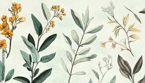 Hand-drawn vintage illustrations of different plant species, paired with soft, muted colors for a calming and artistic vibe