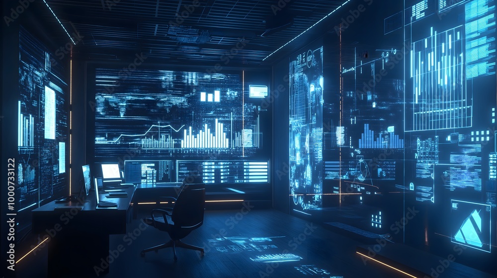 Futuristic Office Environment with Holographic Displays Futuristic Office Environment with Holographic Displays