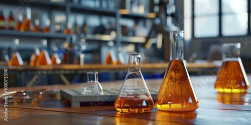 Laboratory beakers with orange liquid on a wooden table