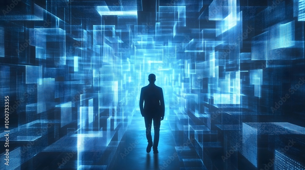 Silhouette Walking Through a Digital Maze of Light Silhouette Walking Through a Digital Maze of Light