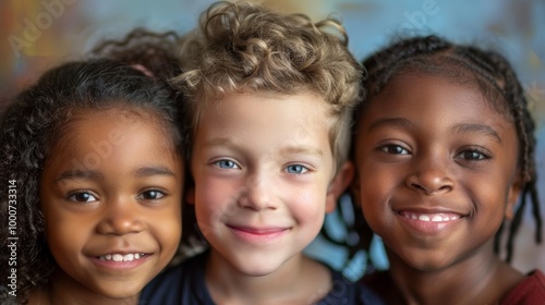A portrait of three happy kids with different skin tones, smiling warmly