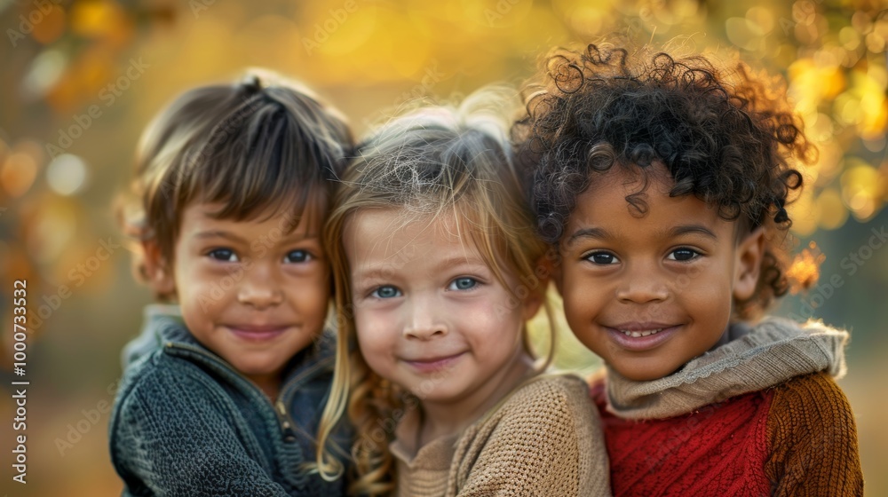 A portrait of three happy kids with varied hair textures, smiling brightly in a friendly