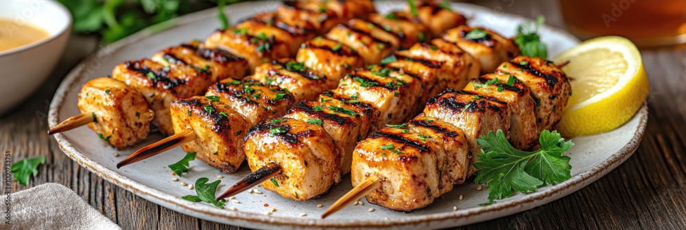 juicy honey chicken skewers . AI generative. juicy honey chicken skewers . AI generative.