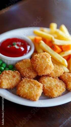  chicken nuggets and frenchfries with small white plate of ketchup and small amount of peas carrot and corn. AI generative.