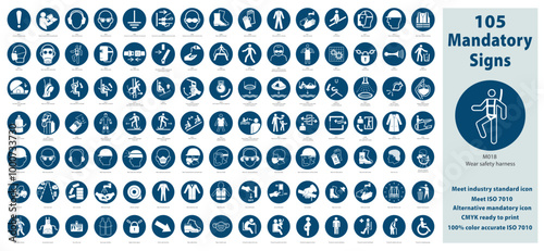 Set Illustration of Mandatory Safety Signs meet ISO 7010 Standards. Contain standards plus alternative icons, CMYK mode ready for printing. Maintain 100% color accuracy as per ISO 7010 guideline. photo