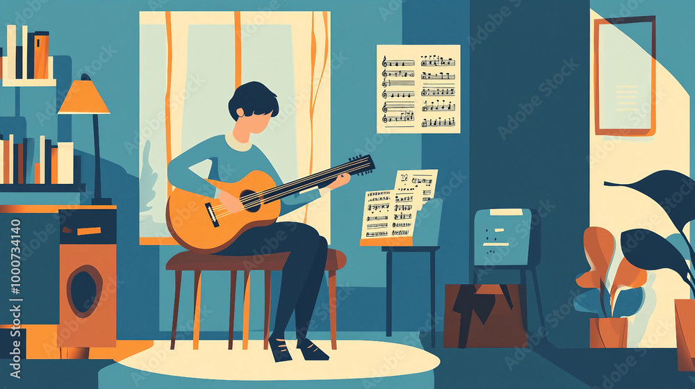 Solo Guitarist Immersed in Music Creation within a Warmly Lit Minimalist Room Illustrated in Solid Colors
Solo Guitarist Immersed in Music Creation within a Warmly Lit Minimalist Room Illustrated in Solid Colors