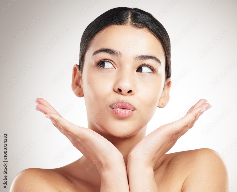 Pout, skincare and woman with beauty, makeup and dermatology on gray studio background. Happy person, model and view with glow, grooming routine and treatment with confidence, wellness and aesthetic Pout, skincare and woman with beauty, makeup and dermatology on gray studio background. Happy person, model and view with glow, grooming routine and treatment with confidence, wellness and aesthetic