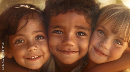 A warm close-up of three kids from different ethnicities, smiling together