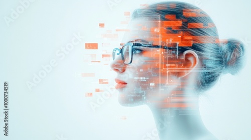 A futuristic portrayal of a woman with glasses, featuring digital overlays that suggest advanced technology and data interaction.