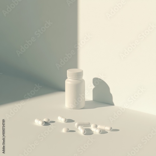 A minimalist 3D rendering of a pill bottle and several scattered capsules on a clean surface, symbolizing medical treatment