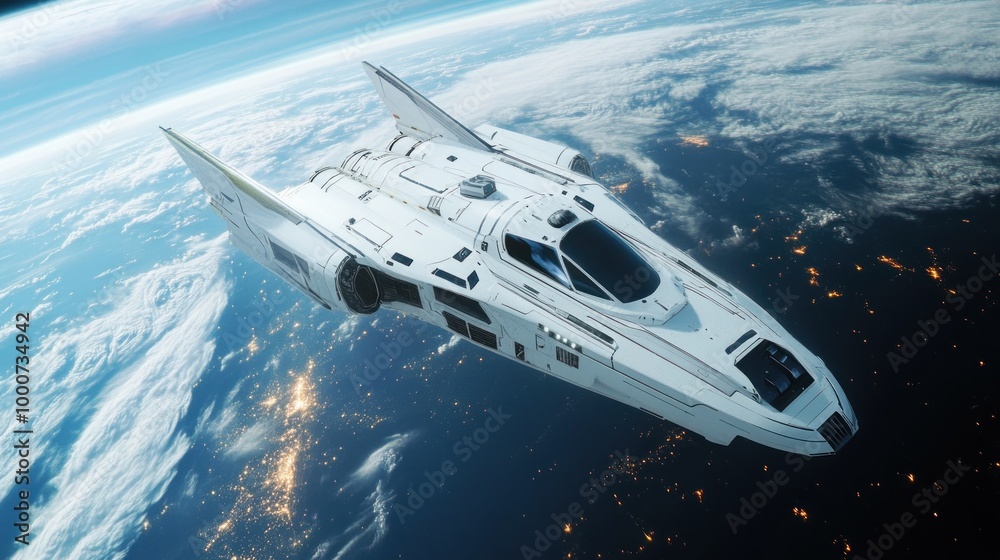 A futuristic spacecraft gliding through space above Earth, showcasing advanced technology. A futuristic spacecraft gliding through space above Earth, showcasing advanced technology.