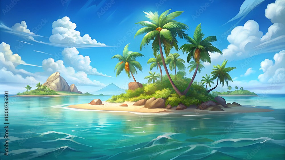 Naklejka premium Tropical island with palm trees and clear blue waters under a bright sky 