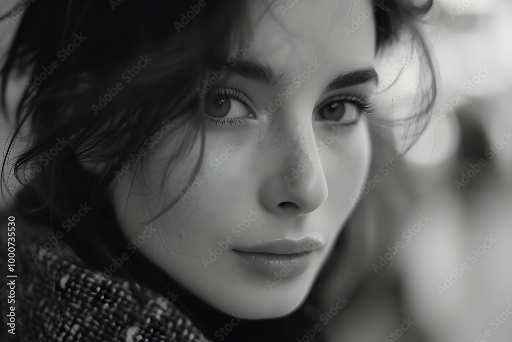 Fototapeta premium black and white portrait of woman in winter clothing 