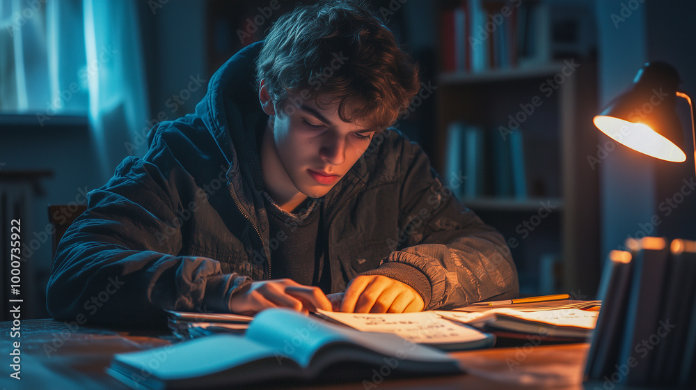 夜に勉強に集中する学生 夜に勉強に集中する学生