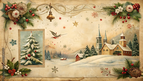 Vintage Christmas postcard design featuring snow-covered church, tree, and holiday decorations
