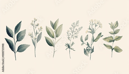 Hand-drawn vintage illustrations of different plant species, paired with soft, muted colors for a calming and artistic vibe