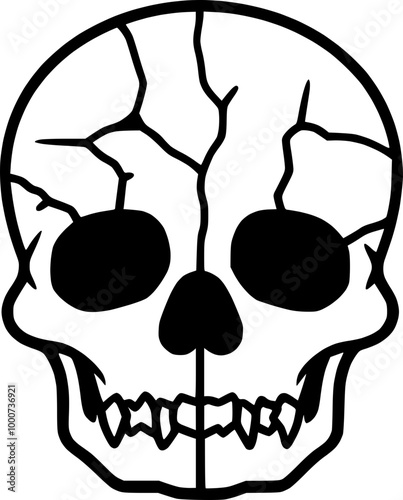 Minimalist skull icon outline, cracked and scary look, black lines on a white background.